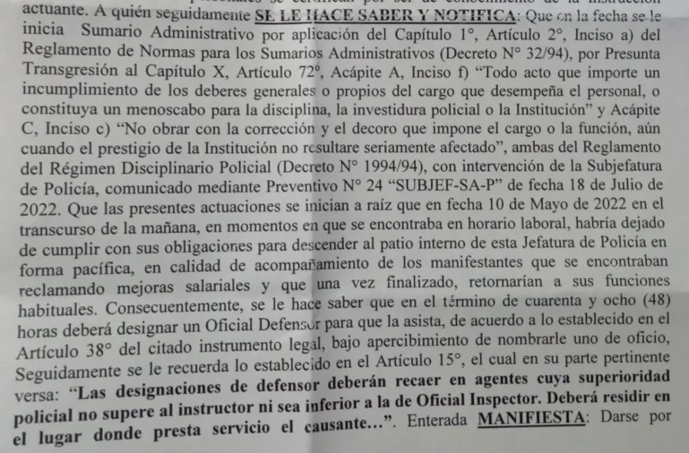 Anunciaron sumarios para policías que protagonizaron un reclamo salarial 