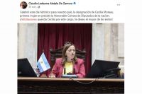 Claudia de Zamora calificó como “día histórico para nuestro país” la designación de Cecilia Moreau