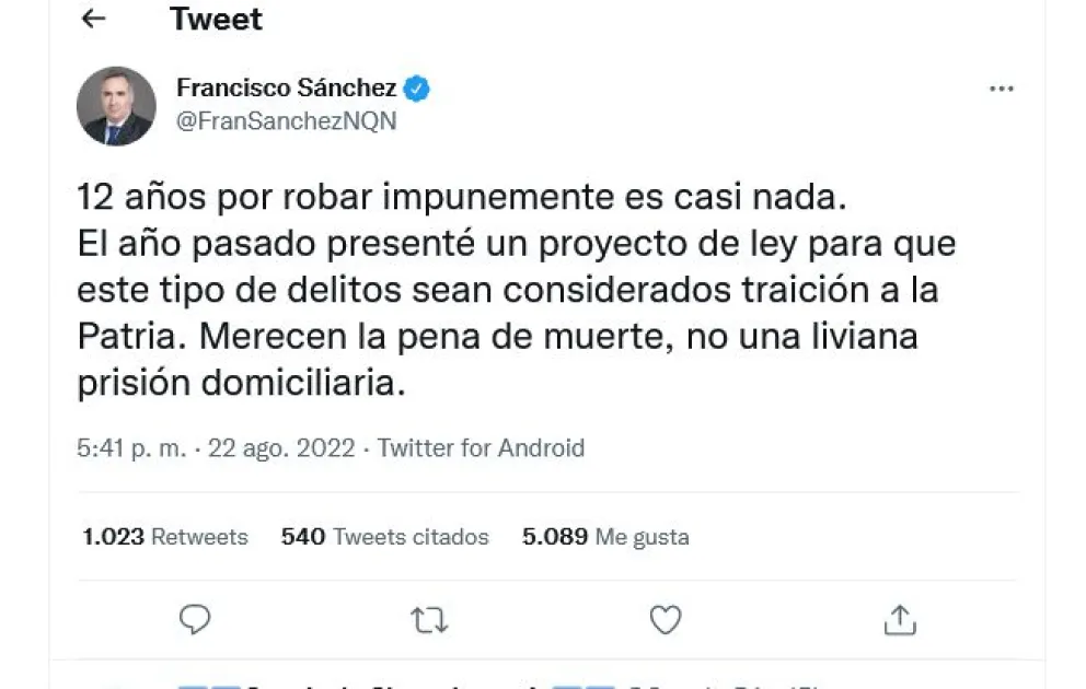 El diputado neuquino que le echa nafta al fuego: pide pena de muerte contra CFK