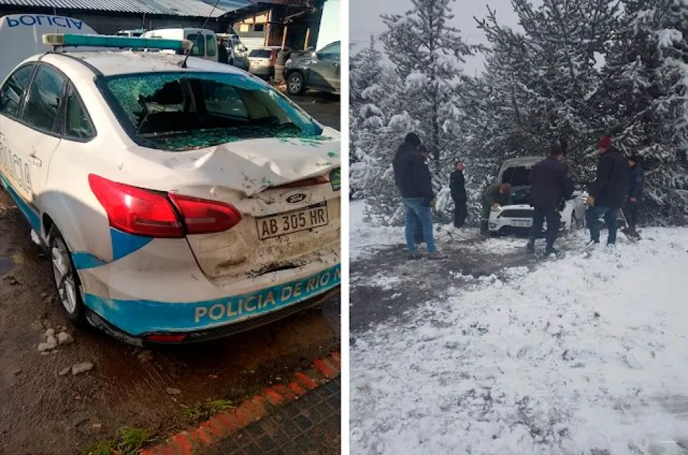 Debido a la presencia de hielo en la calzada, un patrullero sufrió un despiste camino a Bariloche